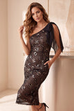 Coffee Sequins One Shoulder Sheath Midi Cocktail Dress with Bow