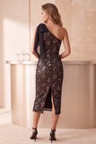 Coffee Sequins One Shoulder Sheath Midi Cocktail Dress with Bow