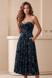 Navy A-Line Strapless Floral Midi Velvet Dress with Pockets