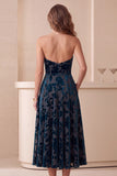 Navy A-Line Strapless Floral Midi Velvet Dress with Pockets