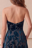Navy A-Line Strapless Floral Midi Velvet Dress with Pockets