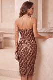 Sparkly Coffee Bodycon Strapless Sequins Fringed Midi Cocktail Dress