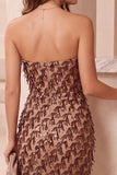 Sparkly Coffee Bodycon Strapless Sequins Fringed Midi Cocktail Dress