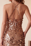 Coffee Sequins Sheath Halter Midi Cocktail Dress with Pockets
