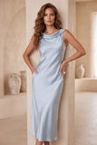 Light Blue Sheath Satin Cowl Midi Cocktail Dress