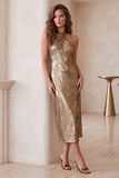 Champagne Sheath Halter Metallic Cut Out Midi Cocktail Dress