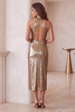 Champagne Sheath Halter Metallic Cut Out Midi Cocktail Dress