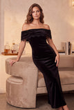 Black Velvet Bodycon Off the Shoulder Maxi Cocktail Dress with Beading