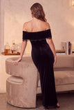 Black Velvet Bodycon Off the Shoulder Maxi Cocktail Dress with Beading