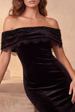 Black Velvet Bodycon Off the Shoulder Maxi Cocktail Dress with Beading
