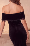 Black Velvet Bodycon Off the Shoulder Maxi Cocktail Dress with Beading