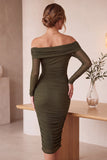 Olive Bodycon Off the Shoulder Ruched Midi Cocktail Dress