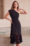 Black Sheath One Shoulder Ruched Midi Cocktail Dress with Lace