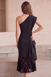 Black Sheath One Shoulder Ruched Midi Cocktail Dress with Lace