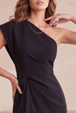 Black Sheath One Shoulder Ruched Midi Cocktail Dress with Lace