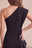 Black Sheath One Shoulder Ruched Midi Cocktail Dress with Lace
