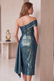 Slate Blue Metallic Asymmetrical One Shoulder Bodycon Ruched Midi Cocktail Dress with Pockets