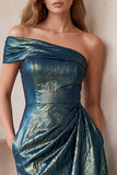 Slate Blue Metallic Asymmetrical One Shoulder Bodycon Ruched Midi Cocktail Dress with Pockets