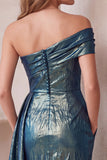 Slate Blue Metallic Asymmetrical One Shoulder Bodycon Ruched Midi Cocktail Dress with Pockets