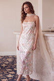 Ivory Sheath Sequins Square Neck Spaghetti Straps Floral Midi Cocktail Dress