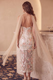 Ivory Sheath Sequins Square Neck Spaghetti Straps Floral Midi Cocktail Dress