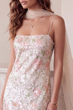 Ivory Sheath Sequins Square Neck Spaghetti Straps Floral Midi Cocktail Dress