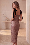 Coffee Sheath Square Neck Sequins Midi Cocktail Dress