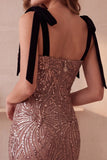 Coffee Sheath Square Neck Sequins Midi Cocktail Dress