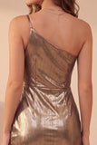 Gold Metallic Asymmetrical One Shoulder Bodycon Ruched Short Cocktail Dress