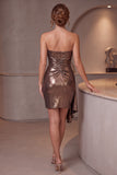 Coffee Metallic Bodycon Strapless Ruched Short Cocktail Dress