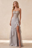 Silver Sequins Strapless Chiffon Tiered A-Line Long Formal Dress with Ruffled Slit