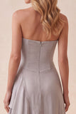 Silver Sequins Strapless Chiffon Tiered A-Line Long Formal Dress with Ruffled Slit