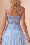 Sky Blue A-Line Sweetheart Chiffon Sequins Long Formal Dress