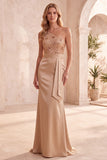 Champagne Mermaid One Shoulder Sequins Satin Long Formal Dress