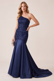 Dark Blue Mermaid Satin One Shoulder Sequins Long Formal Dress with Beading