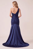 Dark Blue Mermaid Satin One Shoulder Sequins Long Formal Dress with Beading