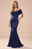 Dark Blue Mermaid Off the Shoulder Satin Ruched Long Formal Dress