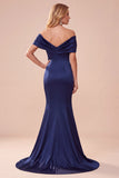 Dark Blue Mermaid Off the Shoulder Satin Ruched Long Formal Dress