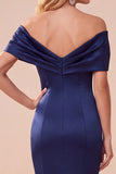 Dark Blue Mermaid Off the Shoulder Satin Ruched Long Formal Dress