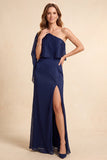 Dark Blue Sheath One Shoulder Long Formal Dress with Slit