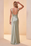 Light Green Sheath Square Neck Satin Sequins Long Formal Dress with Feathers