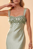Light Green Sheath Square Neck Satin Sequins Long Formal Dress with Feathers