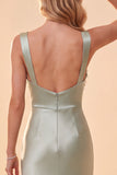 Light Green Sheath Square Neck Satin Sequins Long Formal Dress with Feathers