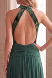 Green A-Line High Ruched Velvet Long Formal Dress
