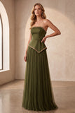 Olive A-Line Strapless Pleated Satin Long Formal Dress with Beading
