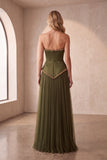 Olive A-Line Strapless Pleated Satin Long Formal Dress with Beading
