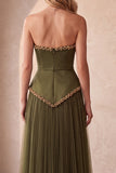 Olive A-Line Strapless Pleated Satin Long Formal Dress with Beading