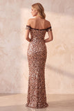 Khaki Mermaid Off the Shoulder Sequins Long Formal Dress