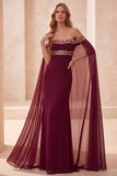 Burgundy Mermaid Off the Shoulder Cape Long Formal Dress with Sequins