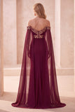 Burgundy Mermaid Off the Shoulder Cape Long Formal Dress with Sequins